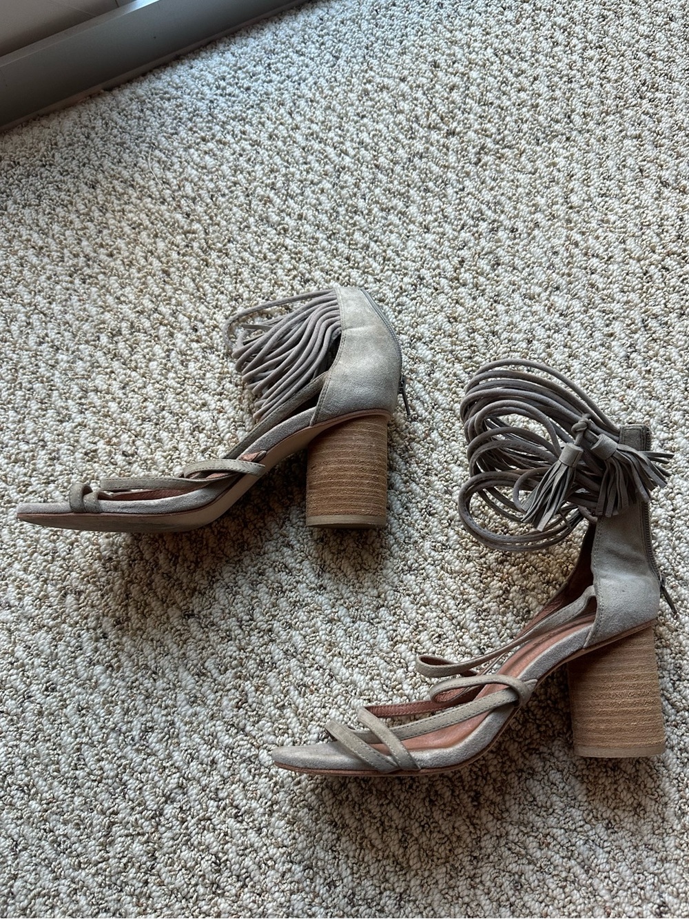 Jeffrey Campbell Taupe Suede Fringe Wrap Block Heels